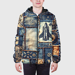 Куртка с капюшоном мужская Космический корабль - пэчворк, цвет: 3D-черный — фото 2