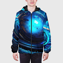 Куртка с капюшоном мужская Кислотная синяя яркая неоновая абстракция, цвет: 3D-черный — фото 2