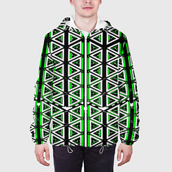 Куртка с капюшоном мужская Бело-зелёные треугольники на чёрном фоне, цвет: 3D-белый — фото 2