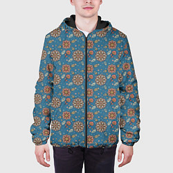Куртка с капюшоном мужская Цветочный узор в стиле бохо на синем, цвет: 3D-черный — фото 2