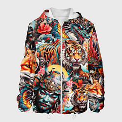 Куртка с капюшоном мужская Японская татуировка дракона тигра и самурая, цвет: 3D-белый