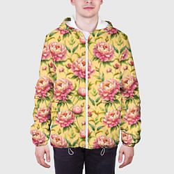 Куртка с капюшоном мужская Крупные пионы садовые цветы бутоны паттерн, цвет: 3D-белый — фото 2