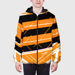 Куртка с капюшоном мужская Чёрно-белые полосы на оранжевом фоне, цвет: 3D-черный — фото 2
