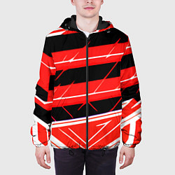 Куртка с капюшоном мужская Чёрно-белые полосы на красном фоне, цвет: 3D-черный — фото 2