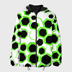 Куртка с капюшоном мужская Чёрно-зелёные шестиугольники на белом фоне, цвет: 3D-черный