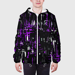 Куртка с капюшоном мужская Бело-фиолетовая тревожная абстракция на чёрном фон, цвет: 3D-белый — фото 2