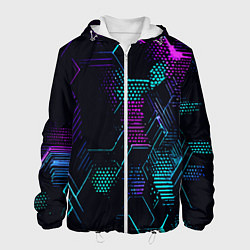 Куртка с капюшоном мужская Розово-голубые точки и линии на чёрном фоне, цвет: 3D-белый