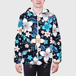 Куртка с капюшоном мужская Сине-белые цветы на чёрном фоне, цвет: 3D-белый — фото 2