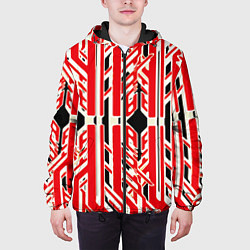 Куртка с капюшоном мужская Бело-красные техно полосы на чёрном фоне, цвет: 3D-черный — фото 2