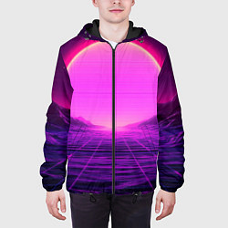 Куртка с капюшоном мужская Синтвейв ретровейв неоновый узор и солнце, цвет: 3D-черный — фото 2