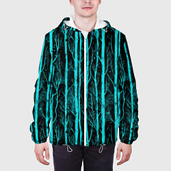 Куртка с капюшоном мужская Бирюзовые полоски-деревья на темном фоне - паттерн, цвет: 3D-белый — фото 2