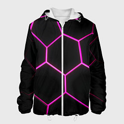 Куртка с капюшоном мужская Черные соты с фиолетовым неоном, цвет: 3D-белый