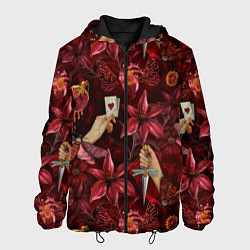 Куртка с капюшоном мужская Бордовая готика с сердцем, лилиями и мотыльками, цвет: 3D-черный