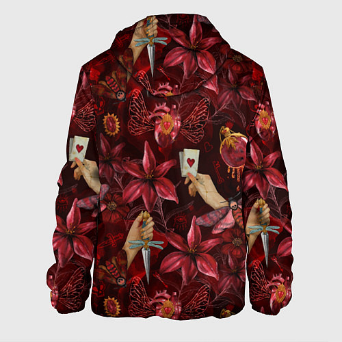 Мужская куртка Бордовая готика с сердцем, лилиями и мотыльками / 3D-Черный – фото 2