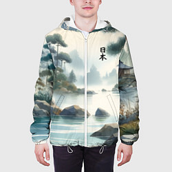 Куртка с капюшоном мужская Японский акварельный пейзаж, цвет: 3D-белый — фото 2