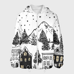 Куртка с капюшоном мужская Заснеженный черно-белый город, цвет: 3D-белый