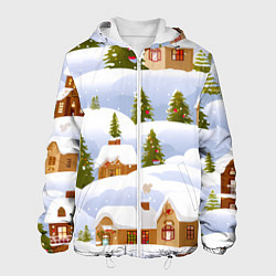 Куртка с капюшоном мужская Новогодние домики и елочки, цвет: 3D-белый
