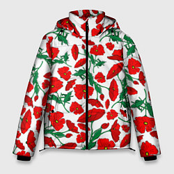 Мужская зимняя куртка Цветы Красные Маки на белом фоне