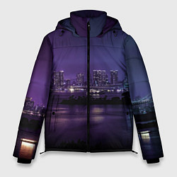 Куртка зимняя мужская Неоновый город с рекой - Фиолетовый, цвет: 3D-красный