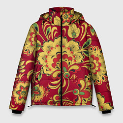Куртка зимняя мужская Хохломская Роспись Цветы На красном Фоне, цвет: 3D-светло-серый