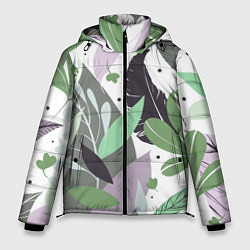 Куртка зимняя мужская Зелёные, серые, голубые, сиреневые листья на белом, цвет: 3D-черный