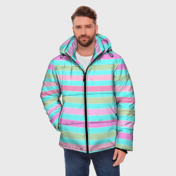 Куртка зимняя мужская Pink turquoise stripes horizontal Полосатый узор, цвет: 3D-черный — фото 2