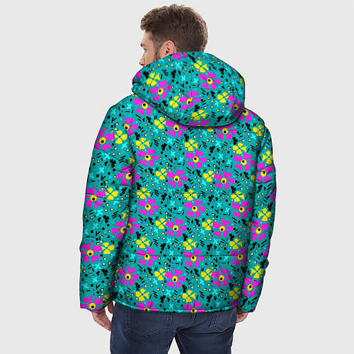 Мужская зимняя куртка Яркий цветочный узор на бирюзовом фоне / 3D-Красный – фото 4