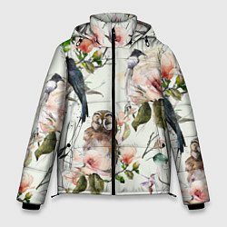 Куртка зимняя мужская Цветы Нарисованные Магнолии и Птицы, цвет: 3D-черный