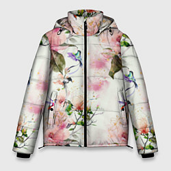 Куртка зимняя мужская Цветы Нарисованные Магнолии и Разноцветные Птицы, цвет: 3D-светло-серый
