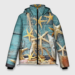 Куртка зимняя мужская Натюрморт из сети, морских звёзд и ракушек - лето, цвет: 3D-черный