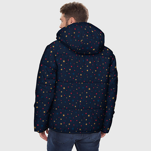 Мужская зимняя куртка Золотые, красные, синие звезды на темно синем / 3D-Красный – фото 4