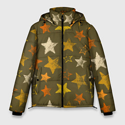 Мужская зимняя куртка Желто-оранжевые звезды на зелнгом фоне