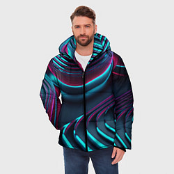 Куртка зимняя мужская Закругление неоновых линий, цвет: 3D-черный — фото 2