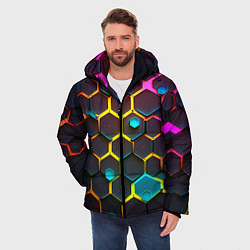 Куртка зимняя мужская Неоновые абстрактные соты, цвет: 3D-светло-серый — фото 2
