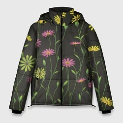 Куртка зимняя мужская Полевые цветочки на темном фоне, цвет: 3D-черный