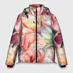 Куртка зимняя мужская Разноцветные пастельные тюльпаны - паттерн, цвет: 3D-красный