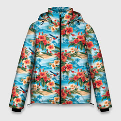Куртка зимняя мужская Гавайский стиль летние цветы, цвет: 3D-черный