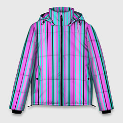 Куртка зимняя мужская Розово-голубой неновый полосатый узор, цвет: 3D-черный