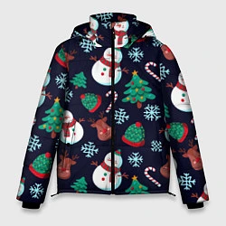 Куртка зимняя мужская Снеговички с рождественскими оленями и елками, цвет: 3D-светло-серый