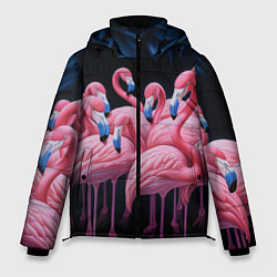 Куртка зимняя мужская Стая розовых фламинго в темноте, цвет: 3D-черный