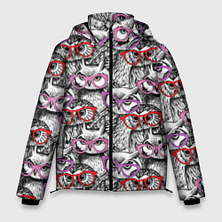 Куртка зимняя мужская Совы в розовых очках, цвет: 3D-черный