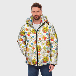 Куртка зимняя мужская Хохломская роспись разноцветные цветы на белом фон, цвет: 3D-черный — фото 2