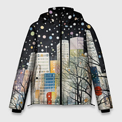 Куртка зимняя мужская Новогодний ночной город, цвет: 3D-черный
