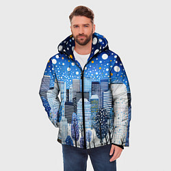 Куртка зимняя мужская Новогодний синий ночной город, цвет: 3D-черный — фото 2
