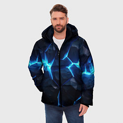 Куртка зимняя мужская Синий неоновый разлом черной абстракции, цвет: 3D-светло-серый — фото 2