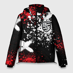 Куртка зимняя мужская Логотип Порше на фоне граффити и брызг красок, цвет: 3D-черный