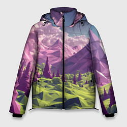Куртка зимняя мужская Геометрический зеленый пейзаж и фиолетовые горы, цвет: 3D-красный