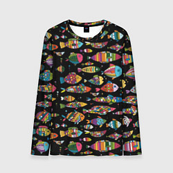 Лонгслив мужской Разноцветные рыбы - черный фон, цвет: 3D-принт