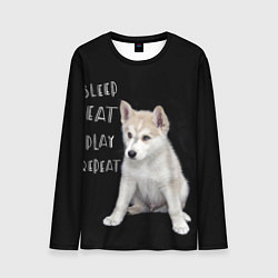 Лонгслив мужской Sleep Eat Play Repeat Хаски щенок, цвет: 3D-принт