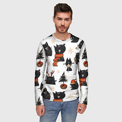 Лонгслив мужской Черные котики новогодний узор, цвет: 3D-принт — фото 2